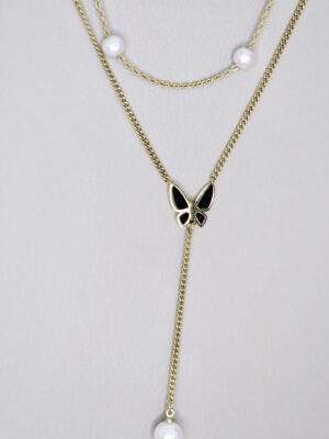 Luxury Pearl Black Butterfly Multilayer Necklace Gold Color